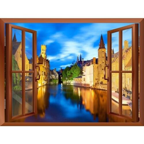 3D Hot Quiet Venice Night Window Frame Window Mural Vinyl Bedroom Vinyl Wallpaper Wall Decals Stickers Christmas Wall Sticker