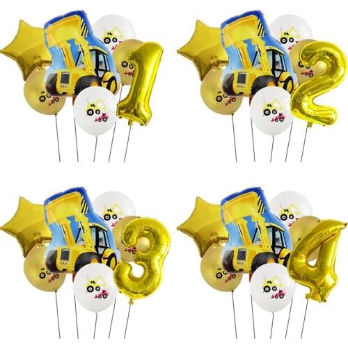 7PCS Cartoon Balloon Excavator Aluminum Foil Balloon Number Childrens Toy Balloon Gift Birthday Party Decoration Kids Happy