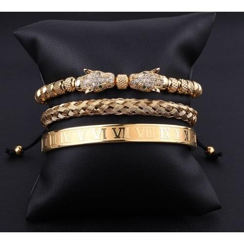 High Quality Luxury Bracelet Set Stainless Steel Roman Bangle CZ Leopard Charm Jewelry Handmade Macrame Bracelets Men Gift