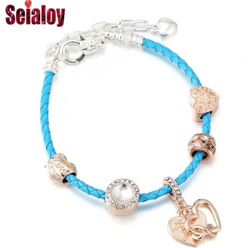 Seialoy Rose Gold I Love You Heart Beads Blue Leather Bracelets For Women Original Hearts Pendant Charm Weave Bracelets Gifts