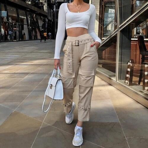 Chic Punk Bandage Straight-leg Tooling Womens Pants 2021 High-waist Hip-hop Sweatpants Womens Streetwear Autumn New Trousers