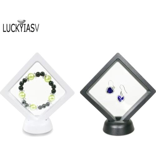 Black White Plastic Suspended Floating Display Case 3D PET Earring Coin Gems Ring Jewelry Storage Stand Holder Box 9*9*2cm