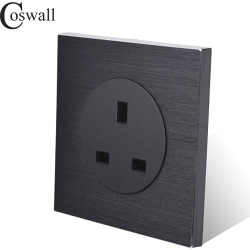 Coswall Luxurious Black Aluminum Panel 13A UK British Standard Wall Power Socket Outlet Grounded With Child Protective Lock