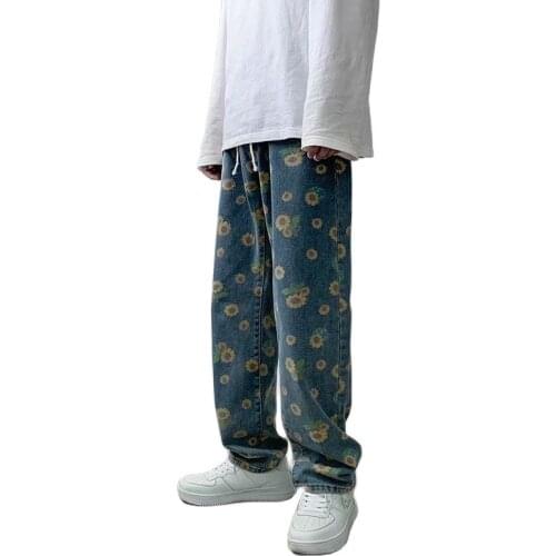 Men Jeans Floral Printed Drawstring Full Length Denim Designed Long Trousers Hip Hop Korean Style Trends Leisure Loose Handsome