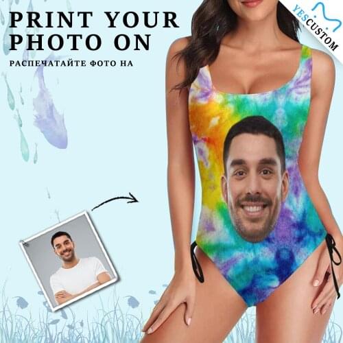 Custom Face Photo Bathing Suit Women Bikini Bra Beach One Piece Colorful Personalized Drawstring Side Female Gift Swimwear