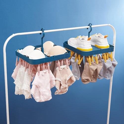 Multifunctional Foldable Clothes Hanger Anti-skid Underwear Socks Bra Drying Rack Organizer with 22 Clips Shoes Draining Holder