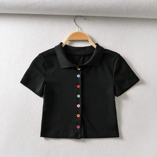 Fashion Polo Shirt Womens Net Red Tide People Small Lapel Black Slim Slim Ultra Short Color Button T-shirt Dlsy2183