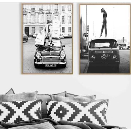 Fashion Retro Style Black White Photo Posters Vintage Street Art Canvas Painting Retro Car Vogue Girl Pictures Home Decor