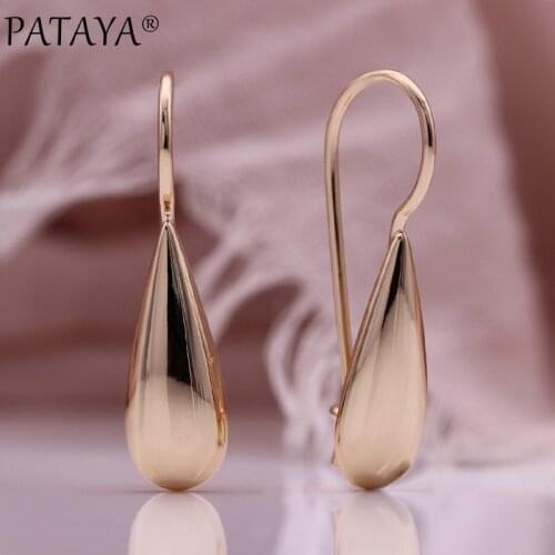 PATAYA New 585 Rose Gold Glossy Water Drop Long Earrings Wedding Party Unusual Earrings Women Daily Unique Metal Fashion Jewelry