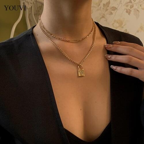 YOUVI 2PCS Goth Chains Necklace for Women Free Shipping Butterfly Lock Couple Pedants Necklace Korean Fashion Choker Charm