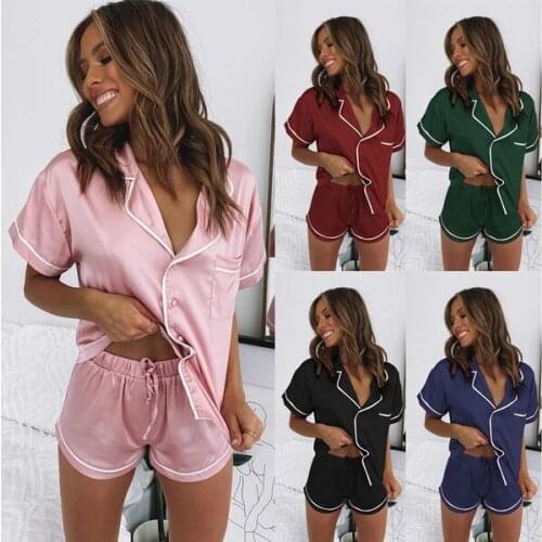 2 Pcs/Set Silk Short sleeve home wear Summer Satin Pajamas Set New Fashion Womens casual Shorts Sleepwear Solid Color Homewear