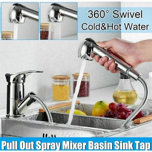 Solid Brass Kitchen Faucet Single Hole Pull Out Spout Kitchen Sink Mixer Tap Stream Sprayer Head Silver Hot Cold Tap Mixer