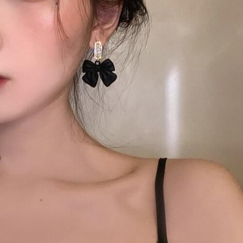 TIMEONLY Sweet Sparkly Crystal Rhinestone Bowknot Earrings for Women Black Leather Tie Bow Drop Earrings Korean Party Jewelry