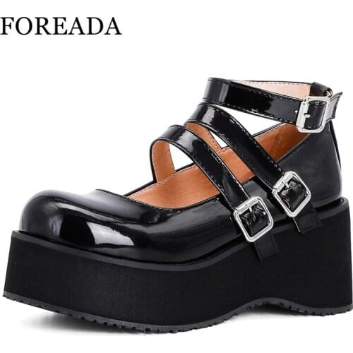 FOREADA Woman Mary Janes Patent Leather Shoes Wedges High Heels Lolita Style Pumps Platform Ankle Strap Buckle Shoes Big Size 46