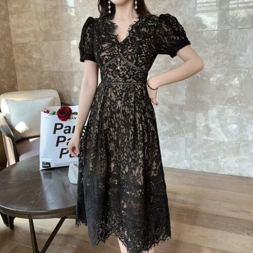 2021 Flower Embroidery Lace Self Portrait Dress Summer Women Elegant Single Breasted Button Short Puff Sleeve Midi Long Vestidos