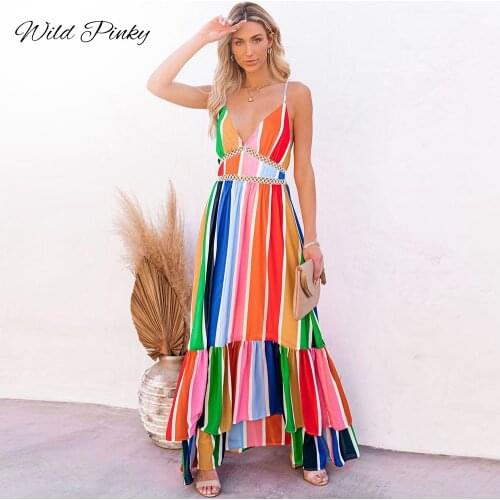 WildPinky 2021 Summer Beach Dress Women Colorful Striped Print Boho Long Dress Casual V-Neck Spliced Sexy Party Dress Vestidos
