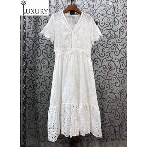 2020 High Quality White Summer Style Women V-Neck Hollow Out Embroidery Short Sleeve Mid-Calf Length Casual Princess Dress