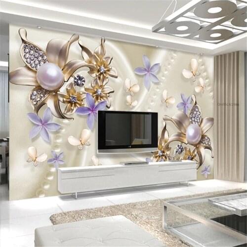 Milofi custom 3D mural wallpaper wall cloth pearl diamond flower butterfly romantic TV decoration painting background wall