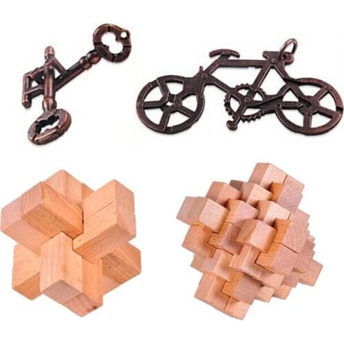 4PCS/Lot Wooden Puzzle Brain Teaser Metal Puzzles Set Game Toy for Adults Children Kids