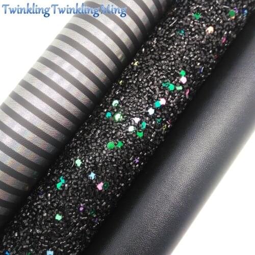 BLACK Glitter Fabric, Stripes Faux Leather Fabric, Synthetic Leather Fabric Sheets For Bow A4 8"x11" Twinkling Ming XM334