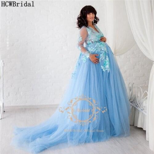 Graceful Lace Tulle Long Sleeve Pregnant Women Evening Formal Dress V Neck A Line Customize Maternity Dress For Prom Party Gown
