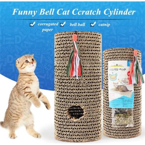 JCPAL Funny Bell Cat Scratch Cylinder Rock Cat Toy With Bell Cylindrical Cat Scratch Board Crafted Corrugated Paper Cat Training