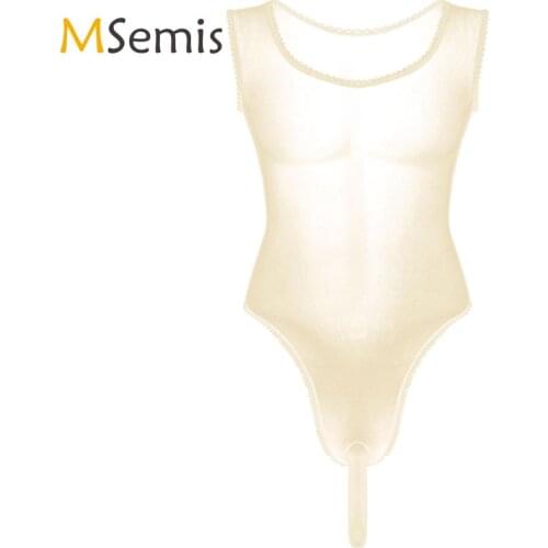 Mens One-piece See Through Sheer Lace Mesh Chiffon Lingerie Scoop Neck Sleeveless High Cut Bulge Pouch Jumpsuit Leotard Bodysuit