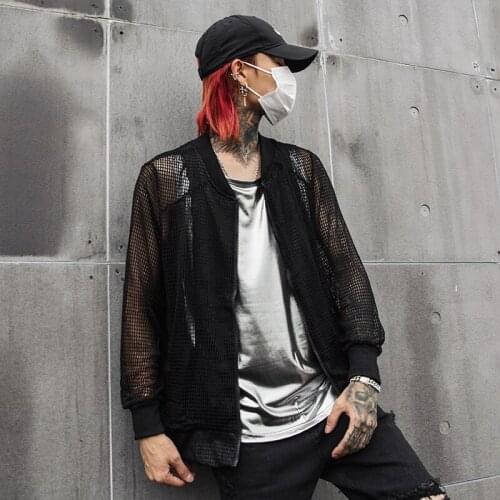 Men spring summer hollow out mesh jacket nightclub DJ singer sexy punk hip hop bomber jacket stage costume man vintage slim coat