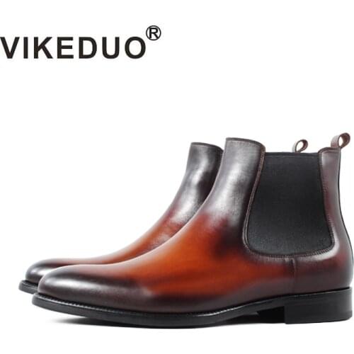 VIKEDUO Brand Winter Ankle Boots Men Cashmere Classic Genuine Cow Leather Chelsea Boot Male Handmade Wedding Office Botas Hombre
