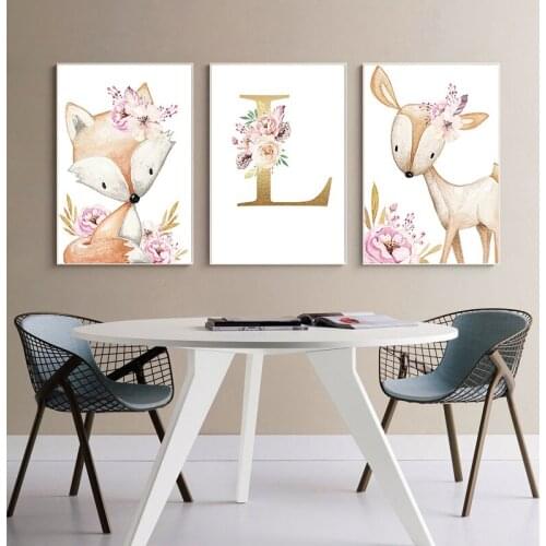 Nordic Woodland Animal Poster Nursery Canvas Painting Wall Art Print Pink Flower Nordic Wall Girl Baby Room Home Decoration