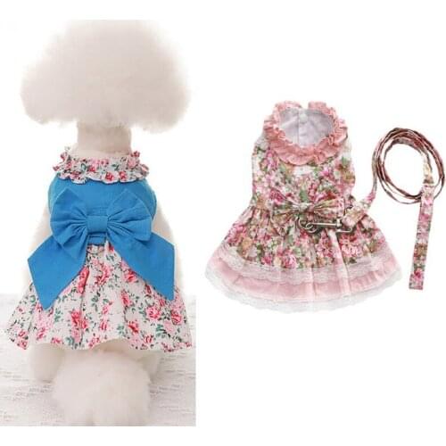 Small Dog Cat Dress Shirt Floral Bowknot Design Pet Clothes Puppy Skirt With Leash Spring Summer Chihuahua Apparel Cat Clothing
