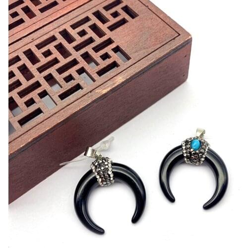 Natural Stone Resin Ox Bone Material Pendant Moon-shaped Black Necklace Pendant Fashion Retro Accessories with Diamonds 27mm