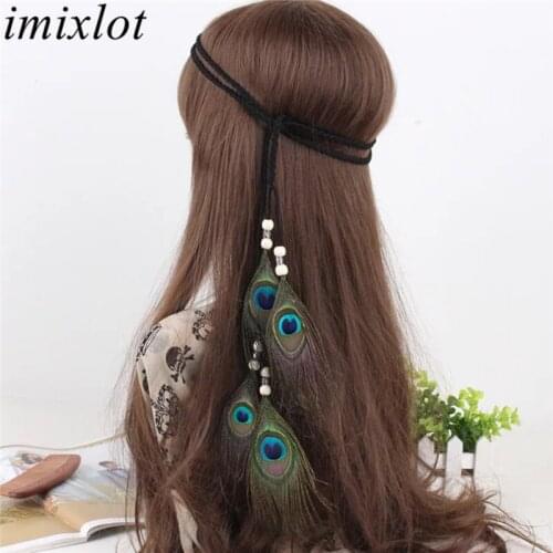 Imixlot Bohemia Ethnic Style Peacock Feather Hair Band Women Girls Adjustable Headdress Beads Headwear Fashion Hair Accessories