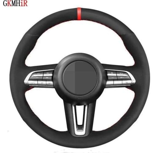 Hand-Stitched Soft Black Genuine Leather Suede Car Steering Wheel Cover For Mazda CX-30 CX30 2019-2020 Mazda 3 Axela 2019-2020