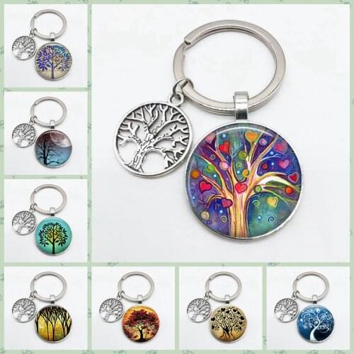 Super Art Tree of Life Keychain Tree Pattern Round Glass Key Chain Tree of Life Pendant Key Chain Must-have Key Chain