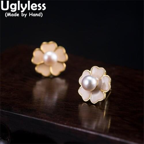 Uglyless French Romance Floral Studs Earrings for Women Natural Pearls MINI Gold Earrings Real 925 Silver Flowers Brincos Bijoux
