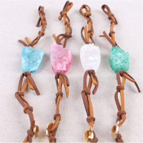 Unique Leather Agates Crystal Bud Bracelet Druzy Charm Wrap Bracelets Handmade Bohemia Drusy Bracelet Leather Jewelry