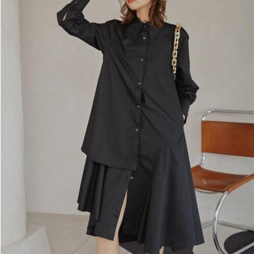 ZCDMLL Women Black Back Long Irreuglar Big Size Shirt Dress New Lapel Long Sleeve Loose Fit Fashion Spring Autumn 2021 F2551