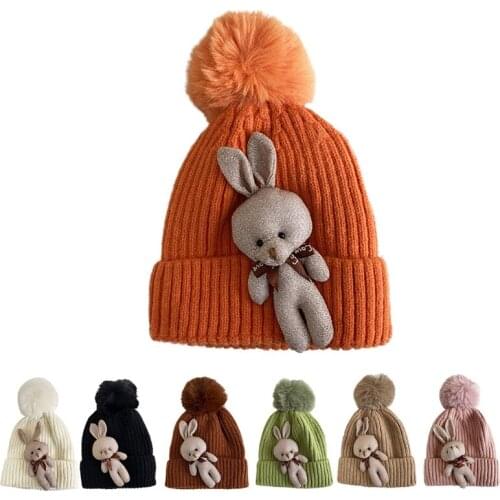Japanese Style Women Winter Warm Knitted Beanie Hat Kawaii Cute 3D Stuffed Rabbit Doll Charms Decor Harajuku Stretch Cuffed