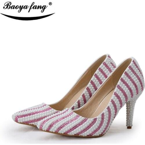 BaoYaFang Womens wedding shoes crystal and beads heel 8cm thin pointed toe woman shoes female shoes party dress shoes lady Pumps