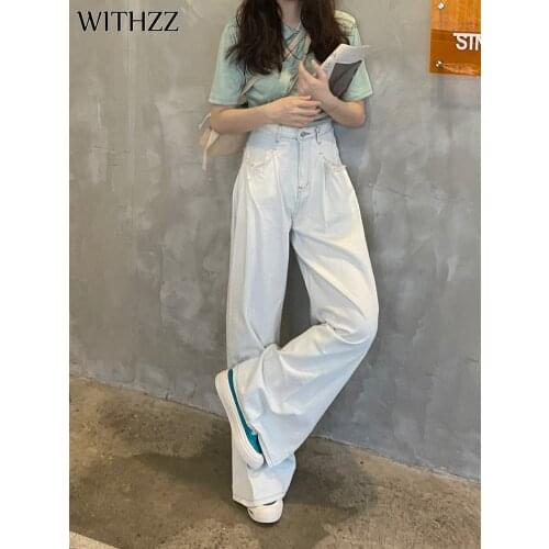 WITHZZ Womens Vintage Denim Trousers Female Wide Leg Pants Tassel Pockets Loose Casual High-rise Jeans