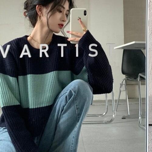 2020 Women Autumn Patchwork Stripe Short Loose Sweater Round Collar Long Sleeve Knitted Pullovers Casual Jumpers