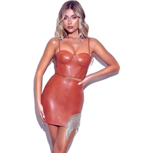 Orange Women Sexy Two Pieces Set Summer 2021 PU Leather Spaghetti Strap Crop Top and Tassel Mini Skirt Streetwear Outfit 30274
