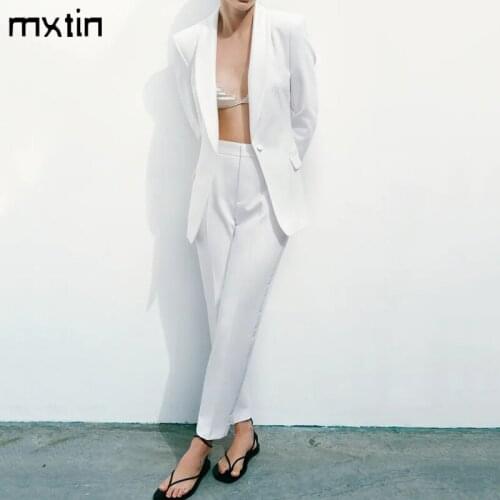 MXTIN 2021 Women Spring Vintage White Single Button Blazers Suit Fashion Lapel Collar Pockets Office Lady Business Female Suit