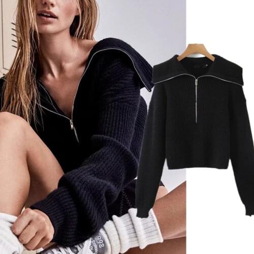 Dave&Di Winter Pull Femme England High Street Vintage Turn-Down Collar Zipper Sexy Sweaters Women Pullovers Tops