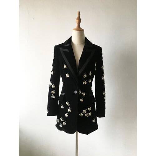 Women coat traf European and American style commuting black velvet medium length Womens jacket bee studded nail bead top suit