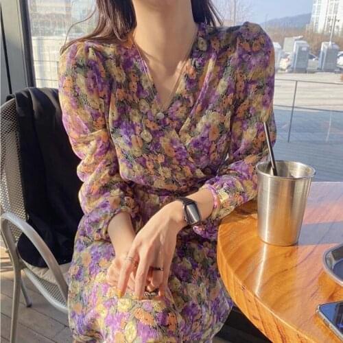 Women Elegant Chic V-neck Floral High Waist Long Dress Female Purple Chiffon Vestidos Dresses