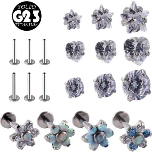 1pcsG23 Titanium &Zircon Star&Heart Internally Threaded Labret Stud Ear Tragus Cartilage Helix Earring Body Piercing Jewelry 16G
