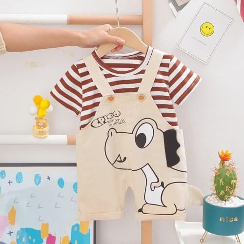 2Pcs Cotton Infant Baby Boy Girl Clothes Stripe T Shirts Cartoon Dinosaur Printed Bib Shorts Toddler Kid Children Tracksuit Sets