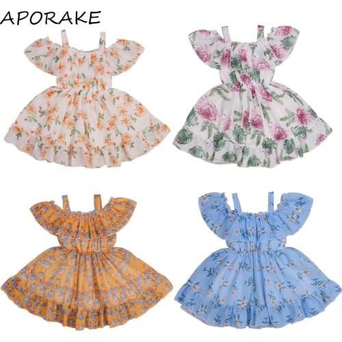 2021 0-6Y Princess Kids Baby Girl Dress Floral Print Off Shoulder Short Sleeve Tunic Pleated Dress Summer Clothes For Party